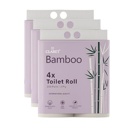 Image of Claret Bamboo 3-Ply Toilet Roll (10 x 10 cm) | 200 Pulls Eco-Friendly | 4 Toilet Rolls in 1 Pack | OBA Free | Natural Bamboo Pulp (Pack Of 3 (12 Rolls))