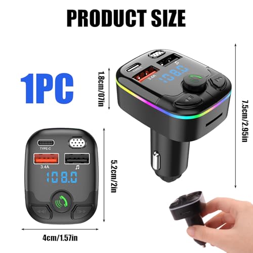 Transmisor FM Bluetooth Coche 5.3, Carga Rápida 5V/3.1A por Type-C, Adaptador Bluetooth Coche Radio, Llamadas Manos Libres, Soporte Unidad Flash USB y Tarjeta TF - imagen 2