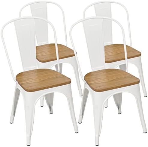 Metal Dining Chairs with Wood Seat Set of 4 White Stackable Industrial Metal Restaurant/Bistro/Cafe/Trattoria/Bar Side Chairs