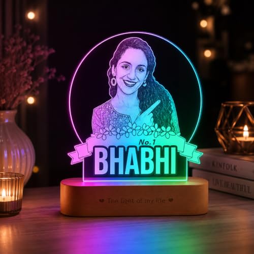 Image of ZOCI VOCI Personalized Rakhi Gift for Bhabhi, Custom UV Printed LED Photo Lamp, RGB Smooth Color Changing Acrylic Night Lamp, Customized Photo Gift for Sister-in-Law, Rakshabandhan Gift
