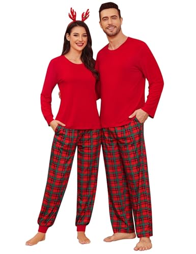YOZLY Christmas Pajamas Couples Matching Pajama Set Buffalo Plaid Pajama Pants with Pockets X-mas Pjs for Couples&Family