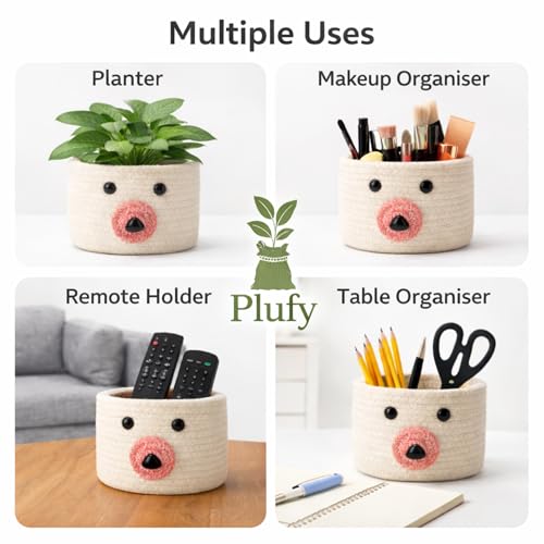 Image of Teddy Eco-Friendly Cotton Rope Basket Set of 2 (6x6 Inch) - Remote Holder for Living Room & Remote stand for Table, Makeup organisers, Jute Planter Basket & Jute Pots for Plants (White - Combo)