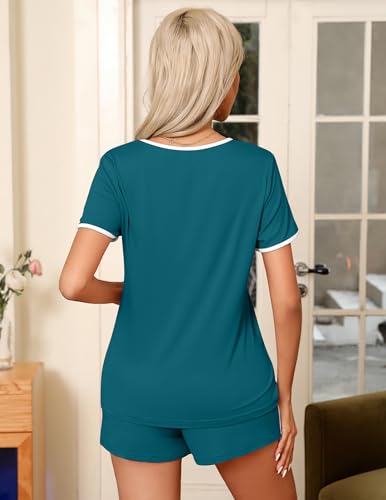 Image of Ekouaer Pajama Set for Women 2 Piece Lounge Set Short Sleeve Tops and Shorts Soft Sleepwear, Chest Pocket