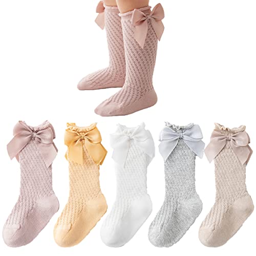 Image of Taous Assam Baby Girls Knee High Socks Toddler Mesh Bowknot Breathable Dress Socks Little Girls Cotton Tube Stockings