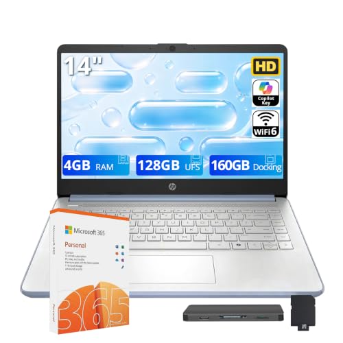Image of HP Flagship 14 inch HD Student&Business Laptop, 13th Gen Intel 4-Core, 4GB RAM, 288GB Storage (128GB UFS + 160GB Docking Station), 1 Year Office 365, AI Copilot, Wi-Fi 6, Win 11 S, Sky Blue