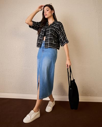 Image of Chimpaaanzee Women Checks Half Sleeve Crop Shirt