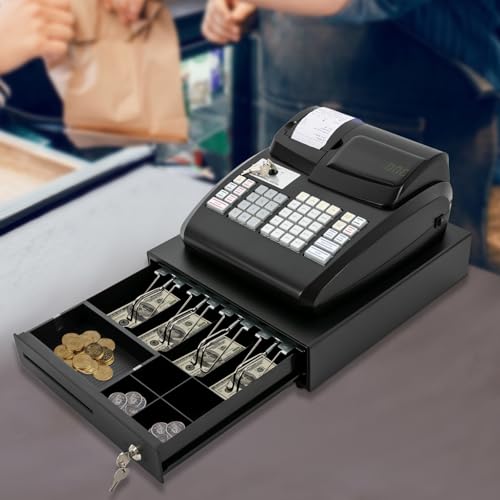 Image of 47 Keys Electronic Cash Register, Cash Register with Coin Drawer Box Cash Management System 6 Digits LED Display POS Bill Coins System for Small Businesses Retailers Supermarkets, Black