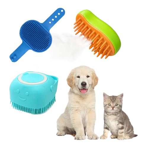 Image of 3-in-1 Pet Grooming Set for Dogs & Cats | Silicone Glove Comb + Steam Massage Brush + Soft Bristle Bath Brush | Shedding, Detangling, Bathing & Massage | Safe, Gentle & Easy Grooming Tools