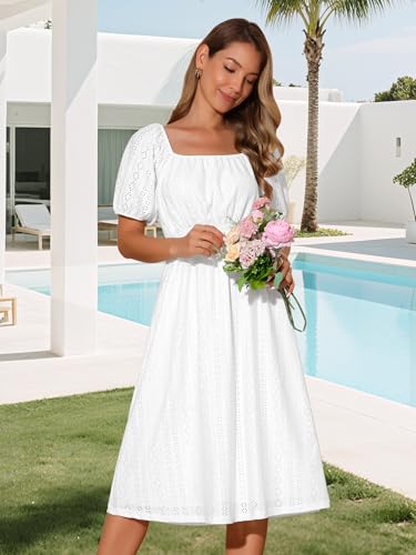 Image of Seta T Women's Summer Eyelet Dresses Square Neck Short Sleeve Casual A Line Midi Dress