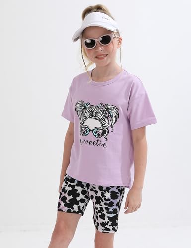Image of mksodopy Girls Summer Clothse Graphic Print Front and Back High and Low Irregular T-shirt Cycling Shorts Set