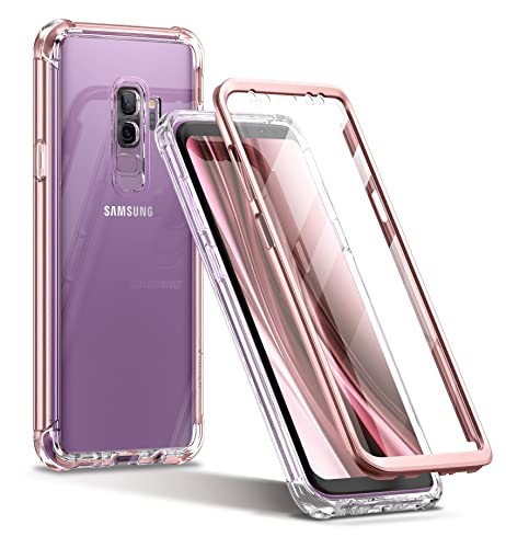 SURITCH Clear Case for Samsung Galaxy S9 Plus,[Built in Screen Protector] Full Body Protection Hard Shell+Soft TPU Bumper Rugged Case Shockproof for Samsung S9+ 6.2'(Rose Gold)