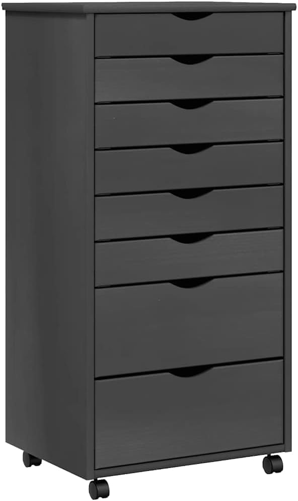 Grey Rolling Cabinet with 8 Drawers, Solid Pine Wood and Engineered Wood Construction, Mobile Storage Trolley with 4 Wheels for Office and Home Organization