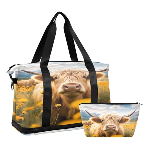 ALAZA Highland Cow White Yellow Flowers Travel Duffel Bag for Women Men Sports Gym Bag with Shoe Compartment Tote Weekender Overnight Bag with Wet Pocket for Travel, Gym,Yoga,Swimming