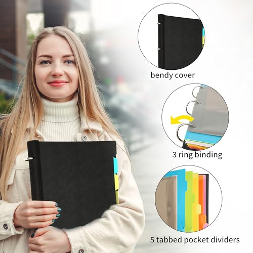 Image of 2 Pcs Pivotable Refillable Notebook, 3 Ring Binder Notebooks 1 Inch, Notebook with Dividers and Pockets, Folder Notebook, Flexible Binder, Soft Binders 3 Ring, Foldable Binder- Black