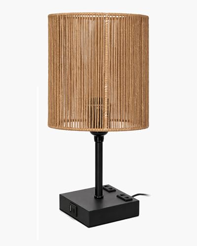 Image of Homesake Touch Table Lamp with USB A + Type C Charging Ports Dual AC Outlets, Touch Control, Medium Size, Bulb Included Night Stand, Bedside Desk Light Bedroom Living Room Office, (Raffia Rectangle)