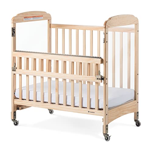 Foundations Serenity Safereach Crib With Adjustable Mattress Board, Compact Baby Crib With Commercial Grade Casters, Clear End Panels For Child Visibility, Includes 3” Foam Mattress (Natural) #TOP3