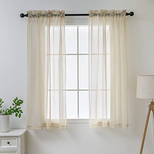 Demetex Cortinas de lino de 45 pulgadas para ventanas de 137 x 114 cm, cortinas semitransparentes que filtran la luz con bolsillo para cortinero para sala de estar o dormitorio, 2 unidades, color lino