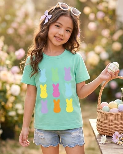 Image of Ritatte Kids Girls Easter Shirt Cute Bunny Rabbit Graphic T-Shirt Happy Easter Tees Funny Casual Short Sleeve Tops 7-12Y
