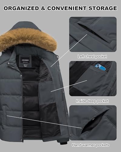 Image of Men's Puffer Jacket Winter Coat Puffy Parka with Fur Hood Waterproof & Windproof Shell Fleece lining 4 Pockets