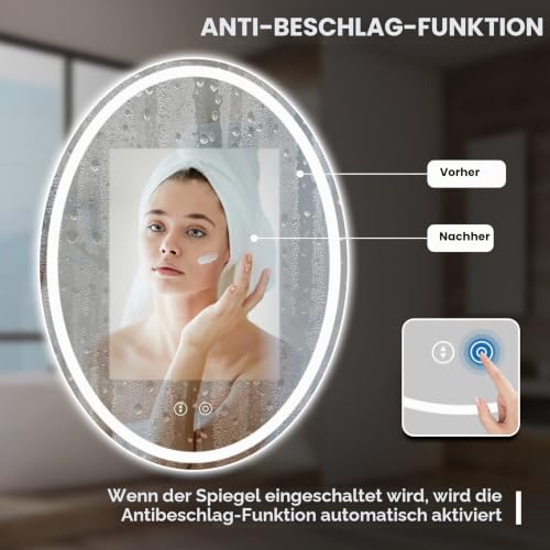Dripex Badezimmerspiegel mit Beleuchtung Led Badspiegel mit Touch-Schalter, Dimmbar, 3 Lichtfarbe Einstellbare, Beschlagfrei Oval 50 x 70 cm – Ansicht 2