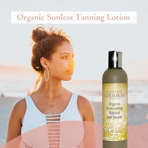 Image of Glimmer Goddess Organic Self Tan Lotion - Unscented for Face & Body, Vegan, Natural Bronzing, Streak-Free, All Skin Types, 8 oz., Organic Ingredients, Paraben-Free, Cruelty-Free