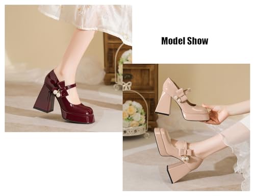 Women's Patent Leather Pearl Bow Ultra-High Heel Mary Jane Shoes Cute Adjust Strappy Buckle Platform Chunky Block Heel Round Toe Dress Pumps for Party Wedding Daily4