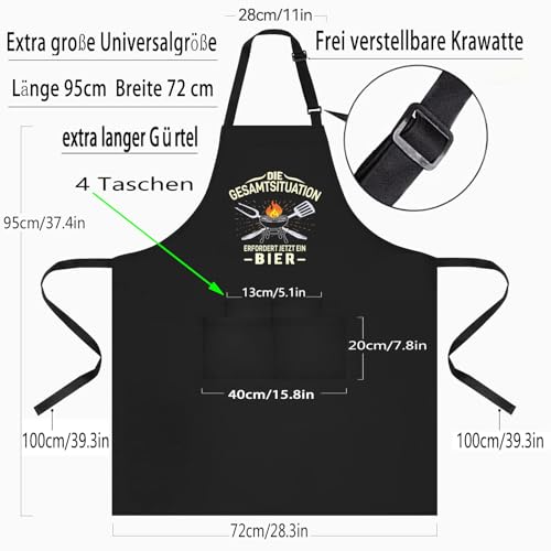 DXDXDXD Grillschürze für Männer Kochschürze Herren Schürze, lustig Grill schürze für Männer küchenschürze Herren mit 4 Taschen-DIE GESAMTSITUATION ERFORDERT JETZT EIN BIER