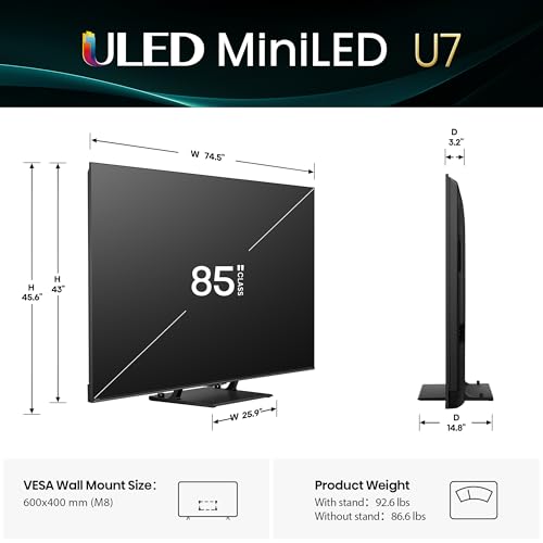 Image of Hisense 85 inch U7 Mini-LED ULED 4K UHD Best Premium Gaming Google Smart TV (85U75QG, 2025 Model) - QLED, Native 165Hz, VRR 288, Up to 3000 Nits, HDR10+, Dolby Vision IQ . Atmos, IMAX Enhanced, 2.1.2 Ch