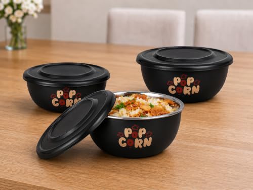 Image of Microwave Safe Stainless Steel Mixing Bowl Set with Lids - Set of 3 (500ml, 800ml, 1250ml) - Euro Style Food Storage Containers Classic Popcorn
