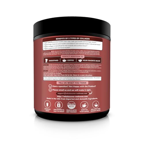 Wholesome Wellness Premium Multi Collagen Peptides Protein Powder for Women and Men, 5 Types of Hydrolyzed Collagen, Grass-Fed, Non-GMO & Unflavored, Pure Protein for Youthful Skin & Joint Recovery