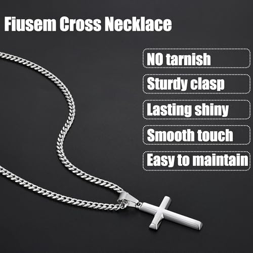 Image of Fiusem Silver Tone /Black /14K Gold Plated Cross Necklace for Men, Beveled Edge Pandent Mens Necklace, 3.5MM Stainless Steel Cuban Chain, 16-24 Inches Jewelry Gifts