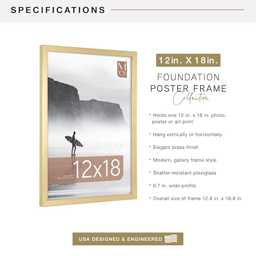 Image of MCS Foundation 12x18 Poster Frame Traditional Brass, Vertical & Horizontal Wall Hanging Large Picture Frame for Photos, Posters & Art Prints (1-Pack)