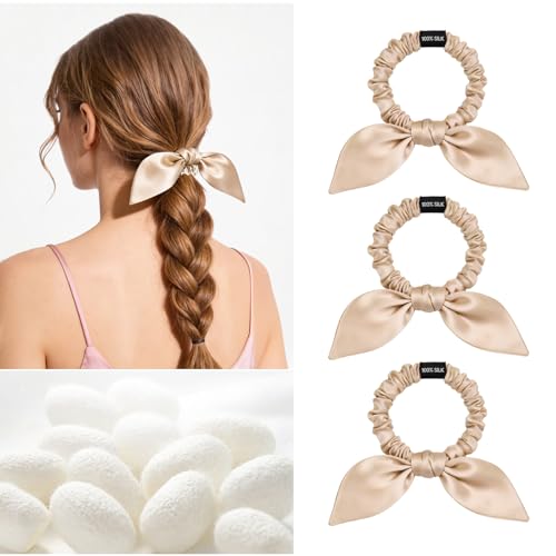 Image of THXSILK 100% Mulberry Silk Bow Scrunchies 3-Pack, 22 Momme Mulberry Silk Hair Ties for Women, Cute Bunny Ear No Damage Ponytail Holders, Fashion Hair Accessories for Girls(S, Beige)