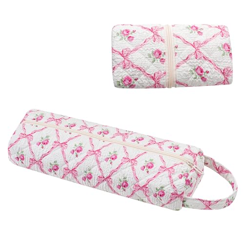 Image of RSRSLEII Quilted Hair Tools Travel Bag,H air Styling Accessories Storage Case for Shark FlexStyle, Dyson Airwrap Hair Dryer, Curling Iron, Revlon Hair Tools,Portable and foldable(09Pink Bow)