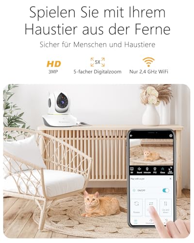 VSTARCAM 2K Überwachungskamera Innen, Interaktive Kamera für Hunde und Katzen mit Handy-App, 360° Linsenschwenkung und Neigung, Infrarot-Nachtsicht, Bewegungsverfolgung, 2-Wege-Audio