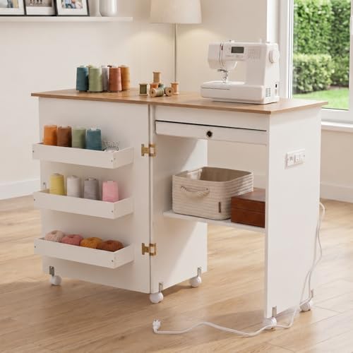 Folding Sewing Table with Charging Station Rolling Sewing Machine Craft Table with Storage Trays and Shelf Foldable Sewing Cabinet Desk with Lockable Wheels for Small Spaces (Natural Wood & White)