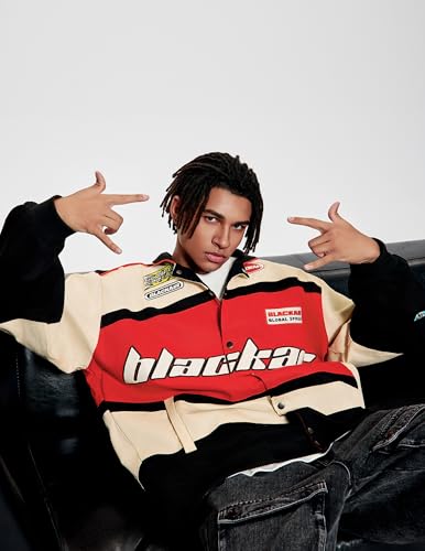 Vamtac Mens Varsity Baseball Jacket Bomber Cotton Vintage Racing Coats Streetwear with Pocket