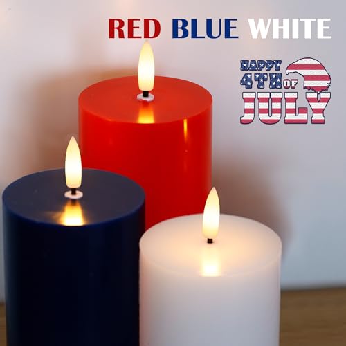 Image of JOIONE Patriotic Flameless Pillar Candles with Remote, 3 Pcs Red White Blue | Battery Operated, Red White Blue, Real Wax, Remote Control, Warm Flickering Glow, 4th of July Independence Day Party Decor
