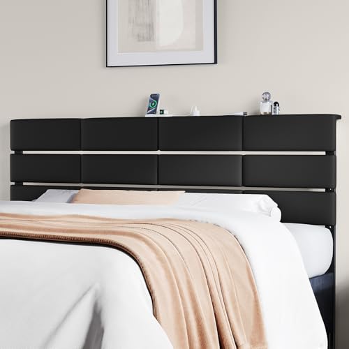 Salamir King/Cal King Size Upholstered Velvet Headboard, Adjustable Head Boards with LED Light & Charging Station, Bed Headboard Only, Attach Frame, Ideal for Bedroom, Dorm, Guest Room, Black