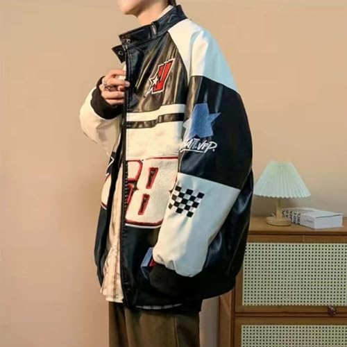 POHADON Mens Varsity Jacket PU Leather Vintage Racing Motor Biker Graphic Bomber Jackets Oversized Unisex Y2k Streetwear4