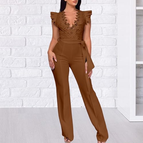Image of PaladMom Womens Elegant Plus Size Jumpsuits Sexy Back zipper Short Sleeve Mid Waist Wide Leg Straight Rompers