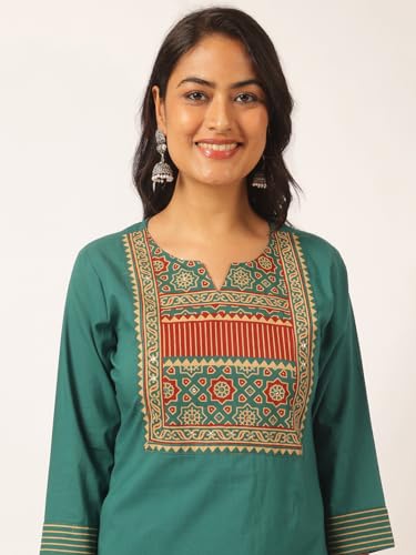 Image of Vbuyz Women Ajrakh With Yoke design Cotton Straight Kurta Set With Dupatta