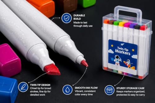 Image of Twin-Tip Marker Pens Set | Dual Tip Art Markers with Fine & Broad Nibs | Assorted Color Sketch Pens with Storage Case for Drawing, Coloring, School Projects, Kids & Adults (Pack Of 24)