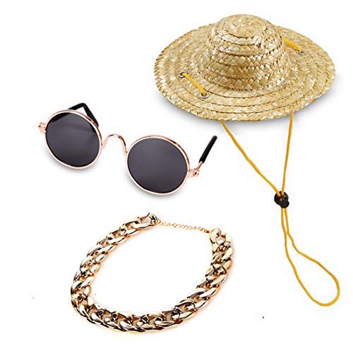 YESSART Pet Dog Cat Costume Black Sunglasses Gold Chain Collar Hat Set