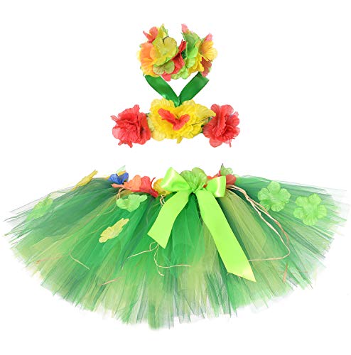 Tutu Dreams Hawaiian Hula Luau Skirt Dress Set for Baby Girls Birthday Beach Party (Green Leaf, 1-2T)