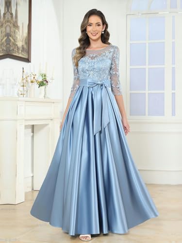BANTRATIC Women's Floor Length Mother of The Bride Dress for Wedding Satin Lace Formal Evening Prom Gowns with Pockets Belt4