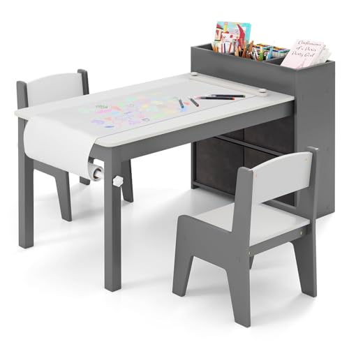 GOPLUS Bureau Enfant avec Rangement, Table de Dessin avec Rouleau de Papier, Support, Etagères et 4 Bacs en Tissu, Charge 60KG, Table Enfant avec Chaise pour...