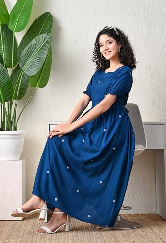 Image of Ichaa Women's Aqua Rayon Printed Maternity Dress with Feeding Zips and Pocket, in Plus Sizes