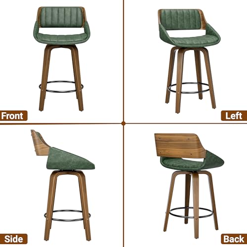 Image of YaFiti Bar Stools Set of 1, 26 inch Swivel Counter Height Barstools with Bentwood Back and Legs, Mid Century Modern Upholstered Faux Leather Counter Stools for Kitchen Island, Dining Room, Green