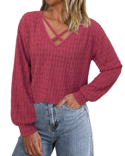 Image of Lotusmile Women's Soft Fuzzy Knit Hollow Out Lace Blouses Criss Cross V Neck Tops for Women Dressy Casual